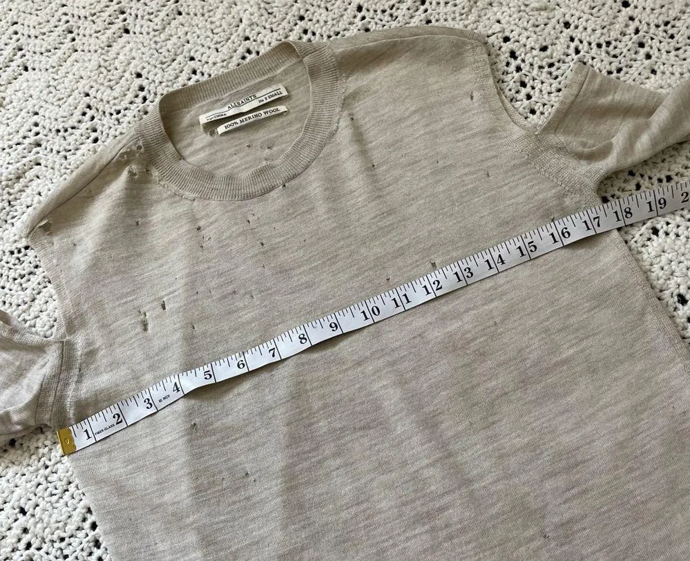 AllSaints 100% Merino Wool Elion Sweater Cold Shoulder Distressed Oatmeal (XS) - Image 3