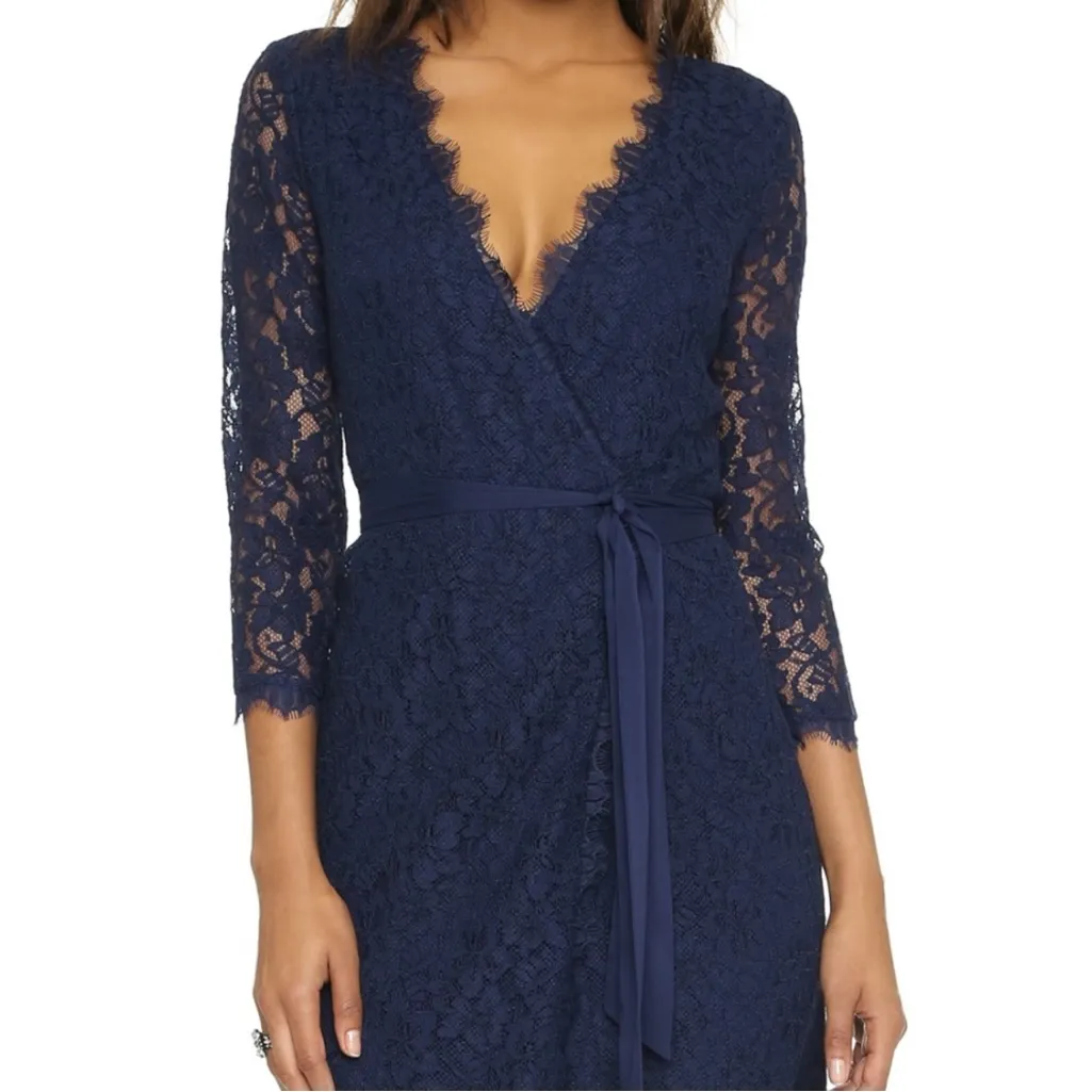 DVF Diane Von Furstenburg Julianna 3/4 Sleeve Navy Lace Wrap Dress Size 2 - Image 15