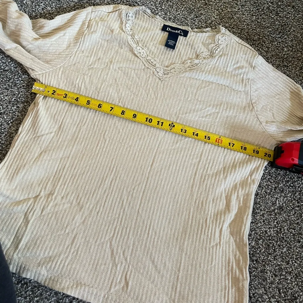 Denim & Co Cream Ribbed V Neck Lace Trim 3/4 Sleeve Shirt L Size L - Image 7