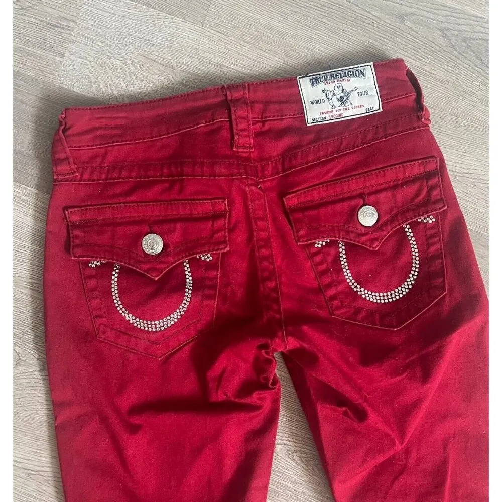 True Religion Swarovski Crystals Logo Leggings Red Skinny Jeans Size 26 - Image 5