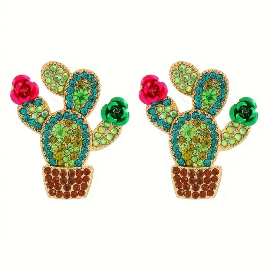 Colorful Rhinestone Cactus Statement Earrings – Western Desert Style – NWT Green - Image 3