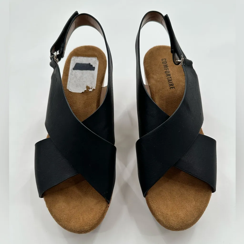 Comfortaire Cork Wedge Black Sandals with Adjustable Velcro Backstrap Size 7.5 - Image 2