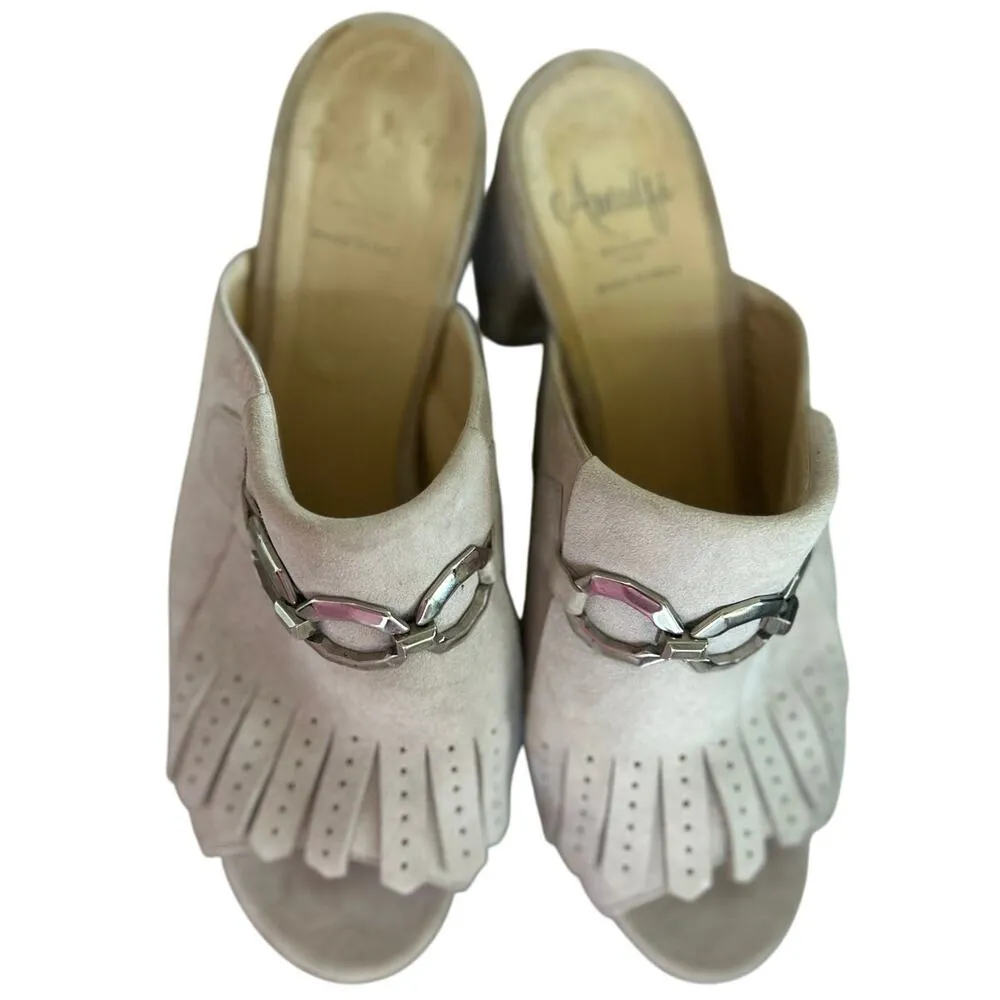 Amalfi Light Grey Suede Kiltie Ruffle Silver Buckle Slip On Heeled Mule Gray Size 8.5 - Image 2