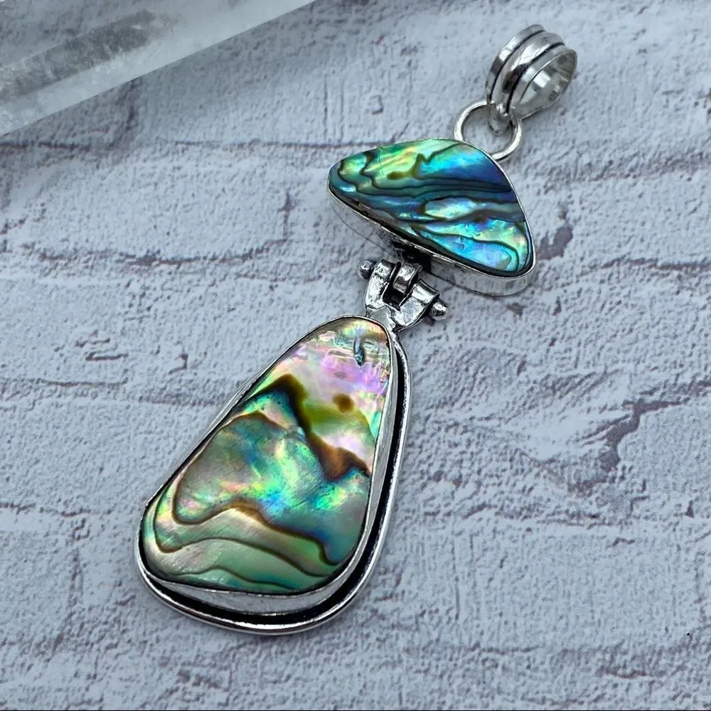 Abalone Shell Sterling Silver Pendant Boho Green - Image 2