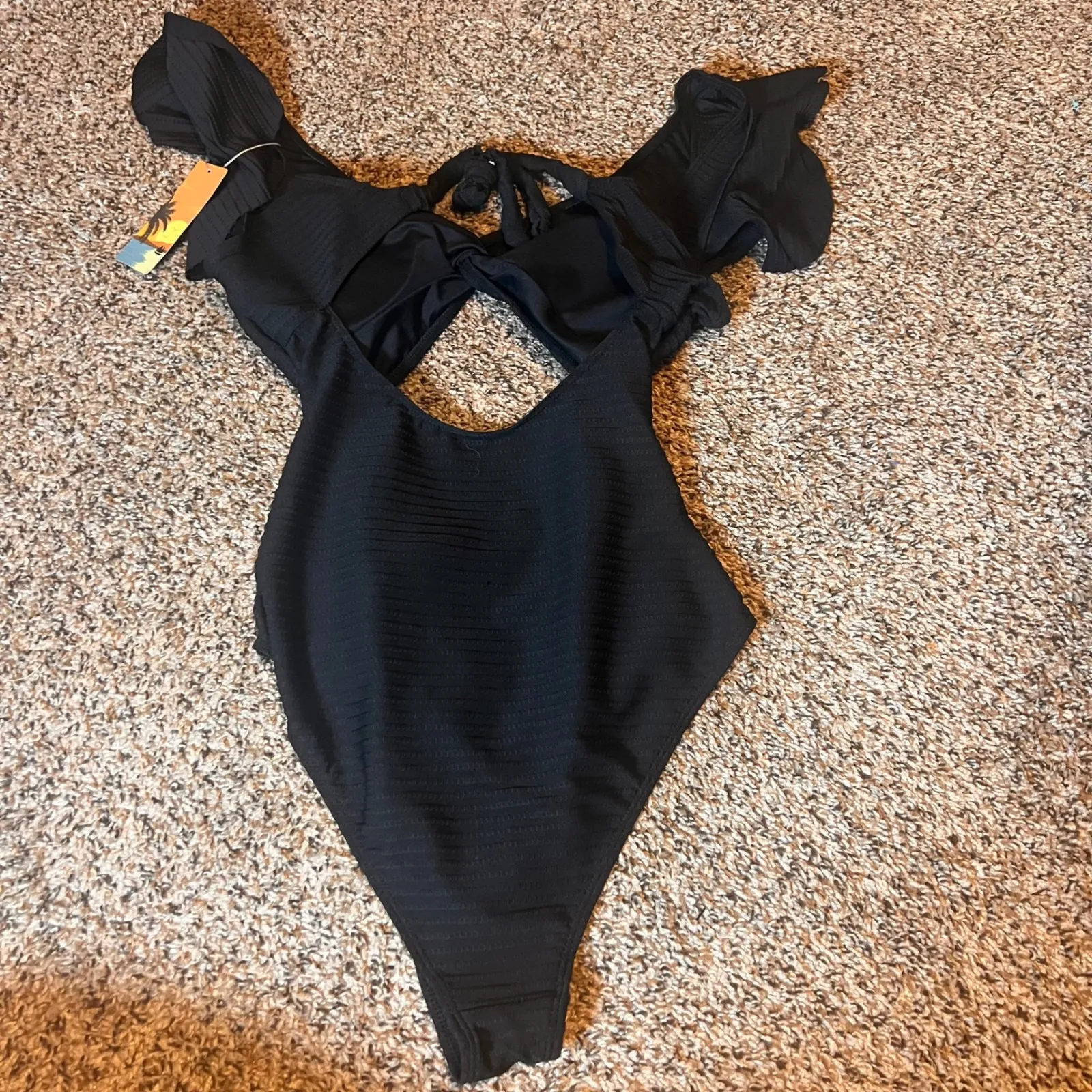 Black One Piece Swimsuit Cut Out Ruffle Sleeves Swimwear‎ Size L Size L - Image 4