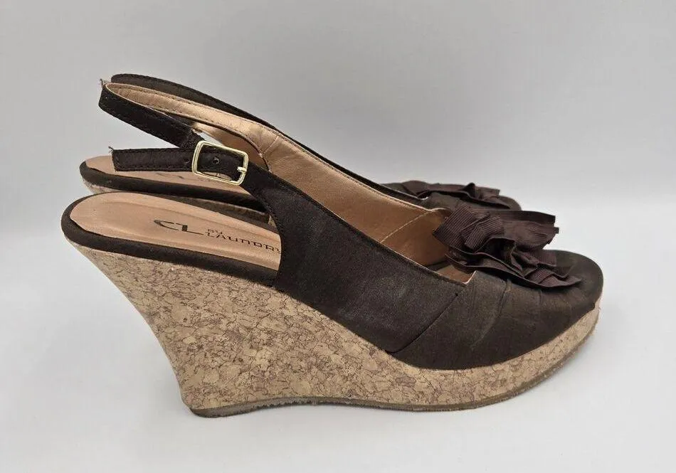 CL by Laundry 9.5 M Womens Brown Ilena Slingback Flower Bow Peep Toe Cork Wedges - Image 2