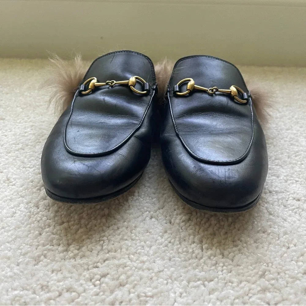 Gucci Princeton Black Fur Mules Slip On Shoes horse bit loafer slides - Image 2