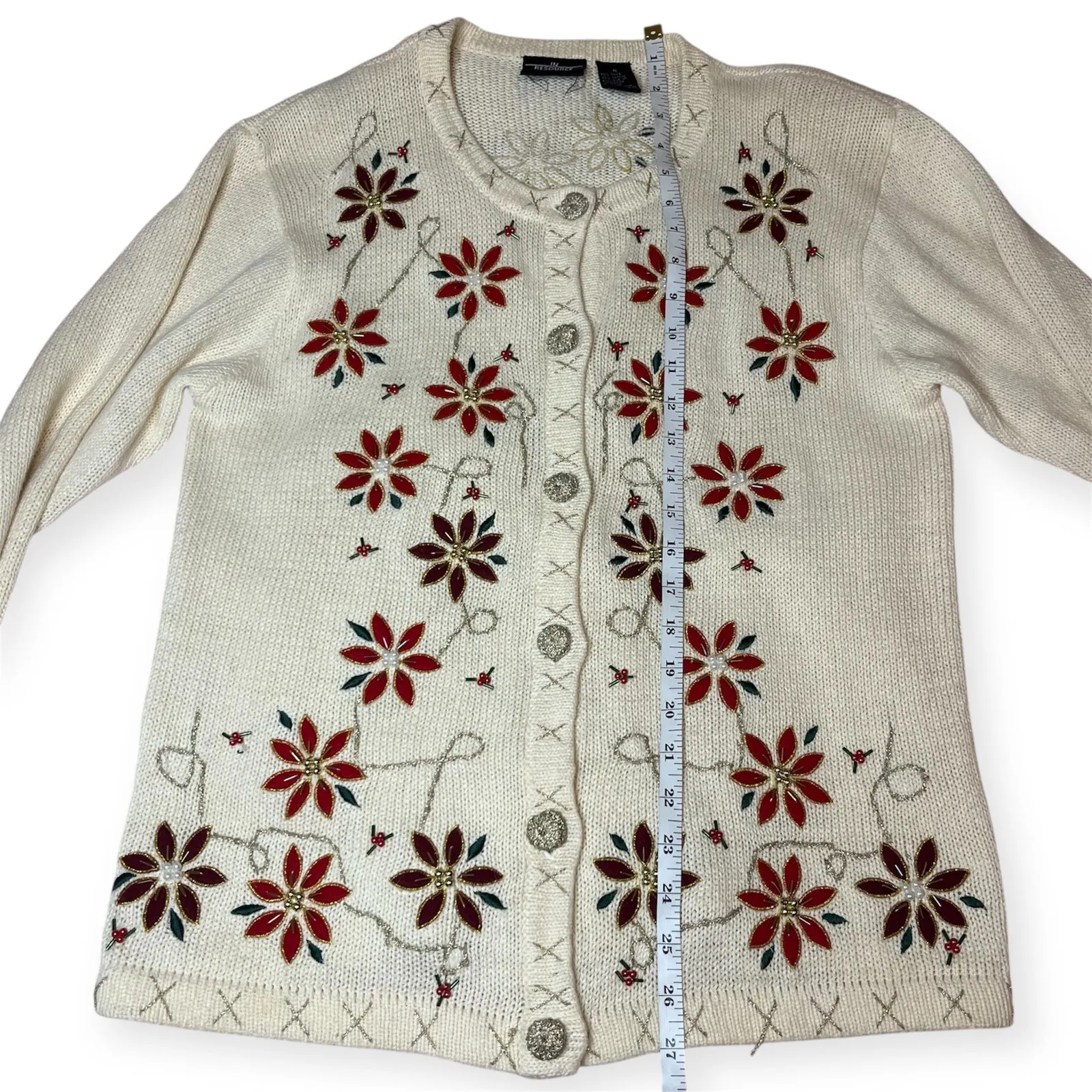 Vintage In Resource Cream Poinsettia Beaded Holiday Cardigan Sweater Sz Medium Red - Image 10