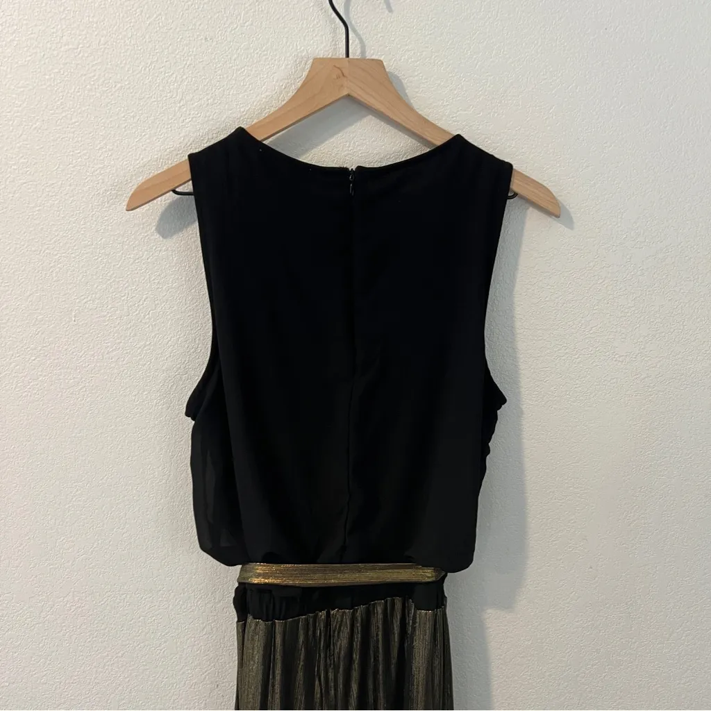 NY Collection Black & Metallic‎ Gold Layered Blouson Belted Wide Leg Jumpsuit M - Image 8