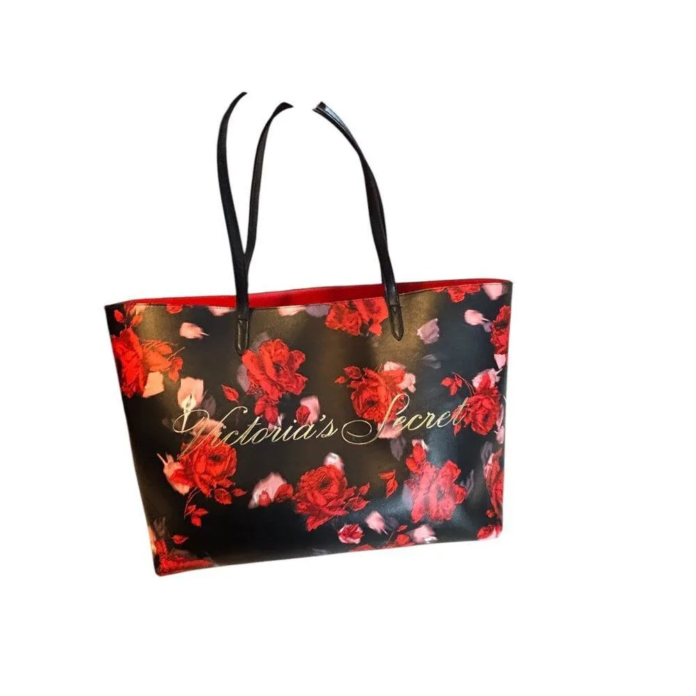 Victorias Secret Floral Tote Bag Large Black & Red Roses Design With Script Logo - Image 3