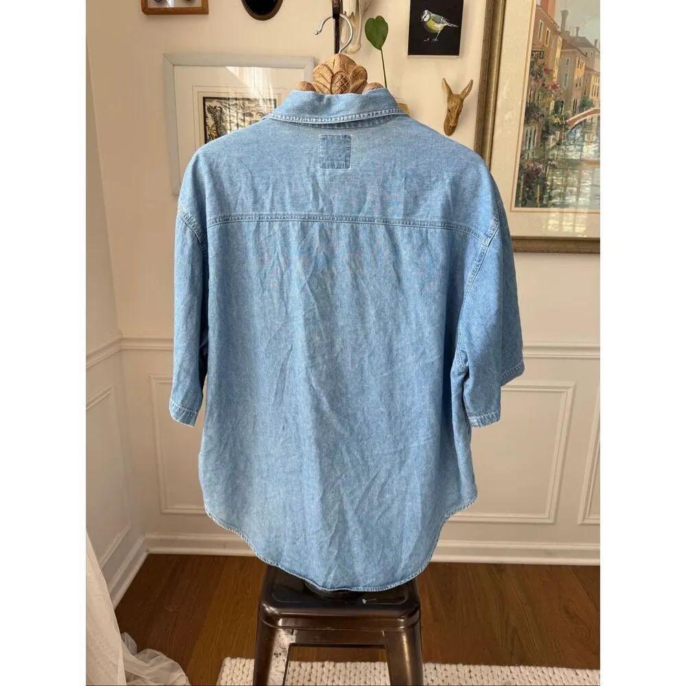 Vintage 90s Quizz Woman Embroidered Frog Heart Chambray Short Sleeve Button Up S Blue Size 20W - Image 8