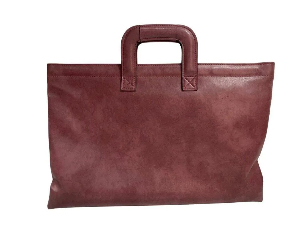 Vintage Burgundy Faux Leather Briefcase Tote Bag W/Top Handles/Zipper Pocket Purple - Image 2