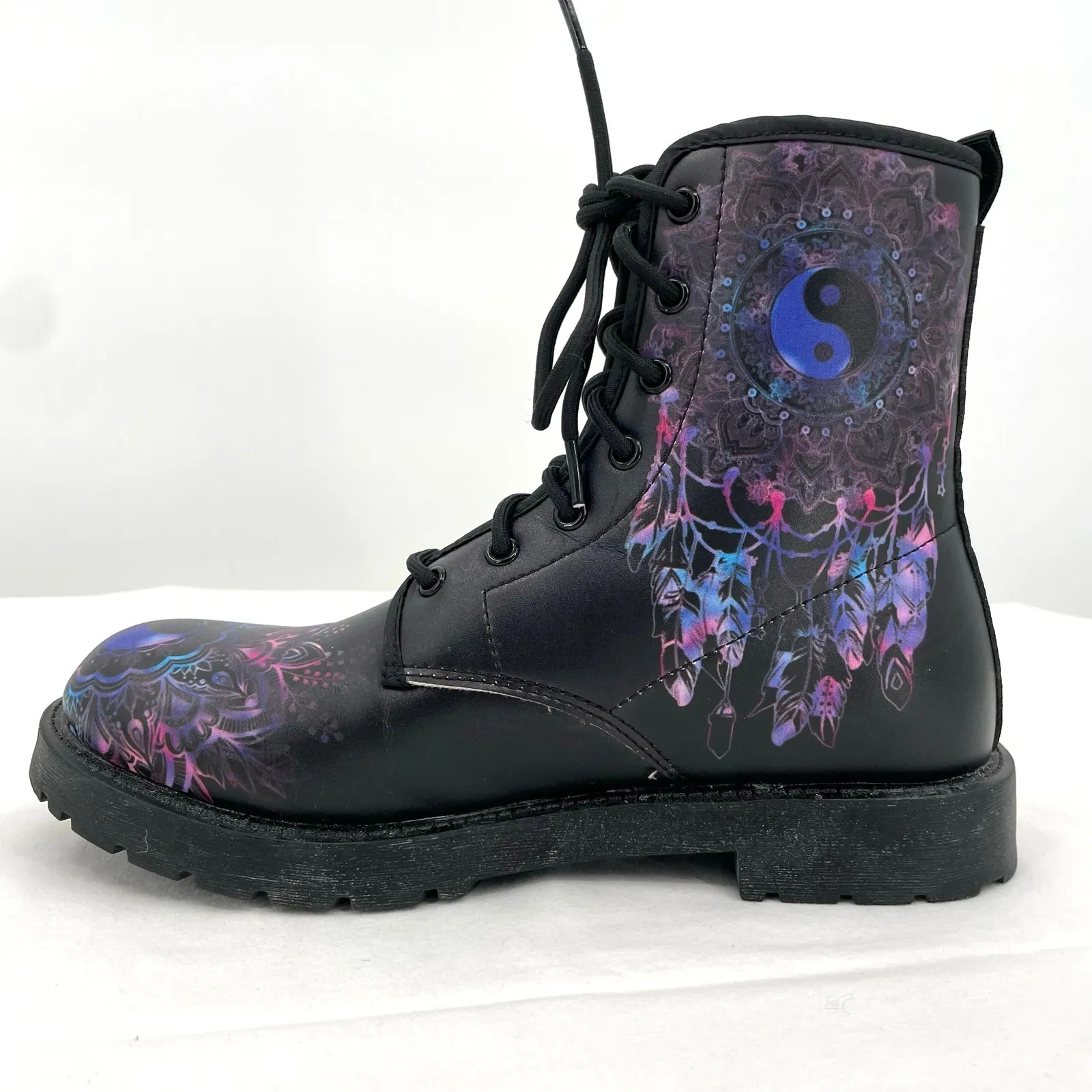 Yin Yang Dreamcatcher Combat Boots Black Blue Faux Leather Festival EU 38 | US 7 - Image 4