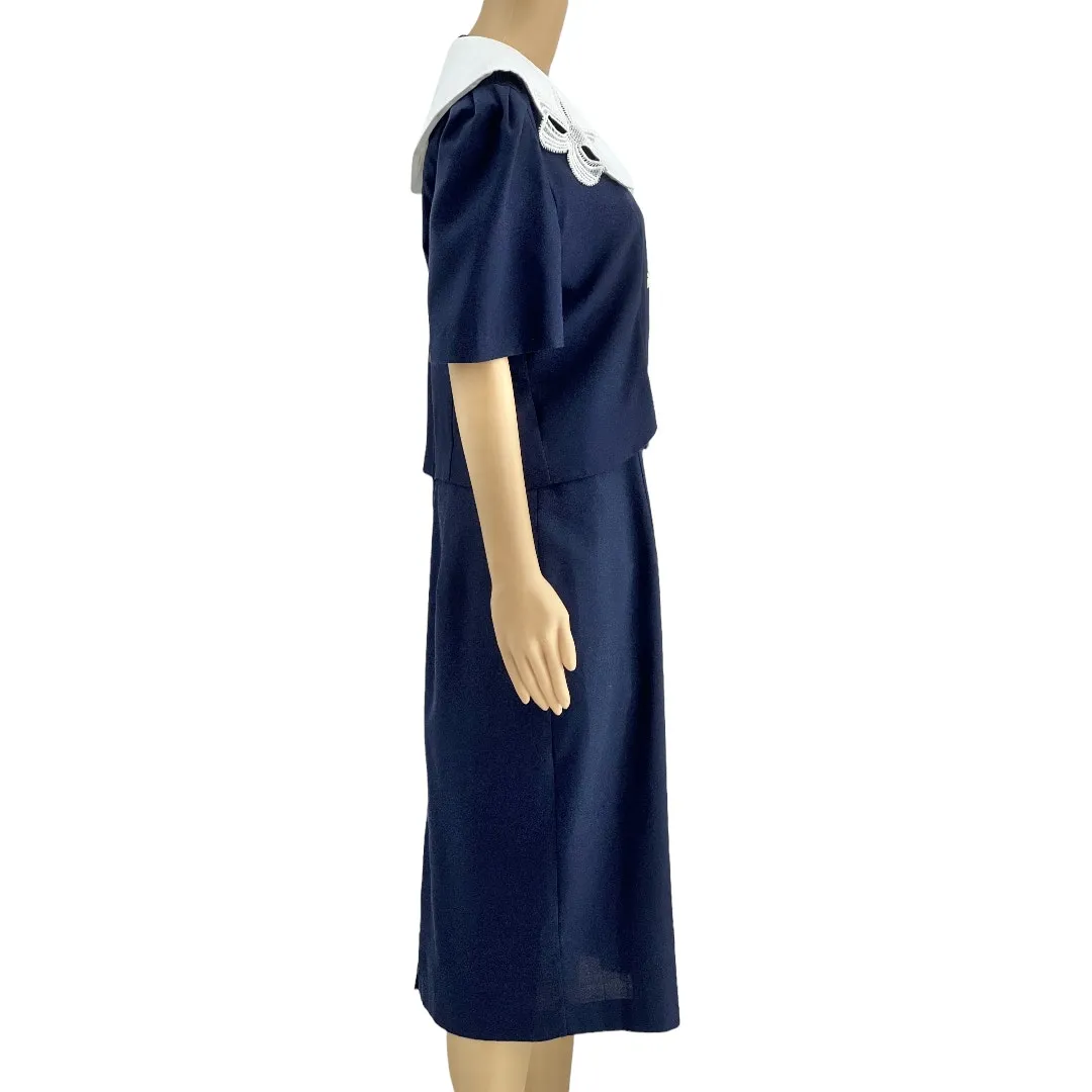 VINTAGE US 14 90's Navy Blue White Bow Collared Sheath Dress Sunshine Starshine - Image 3