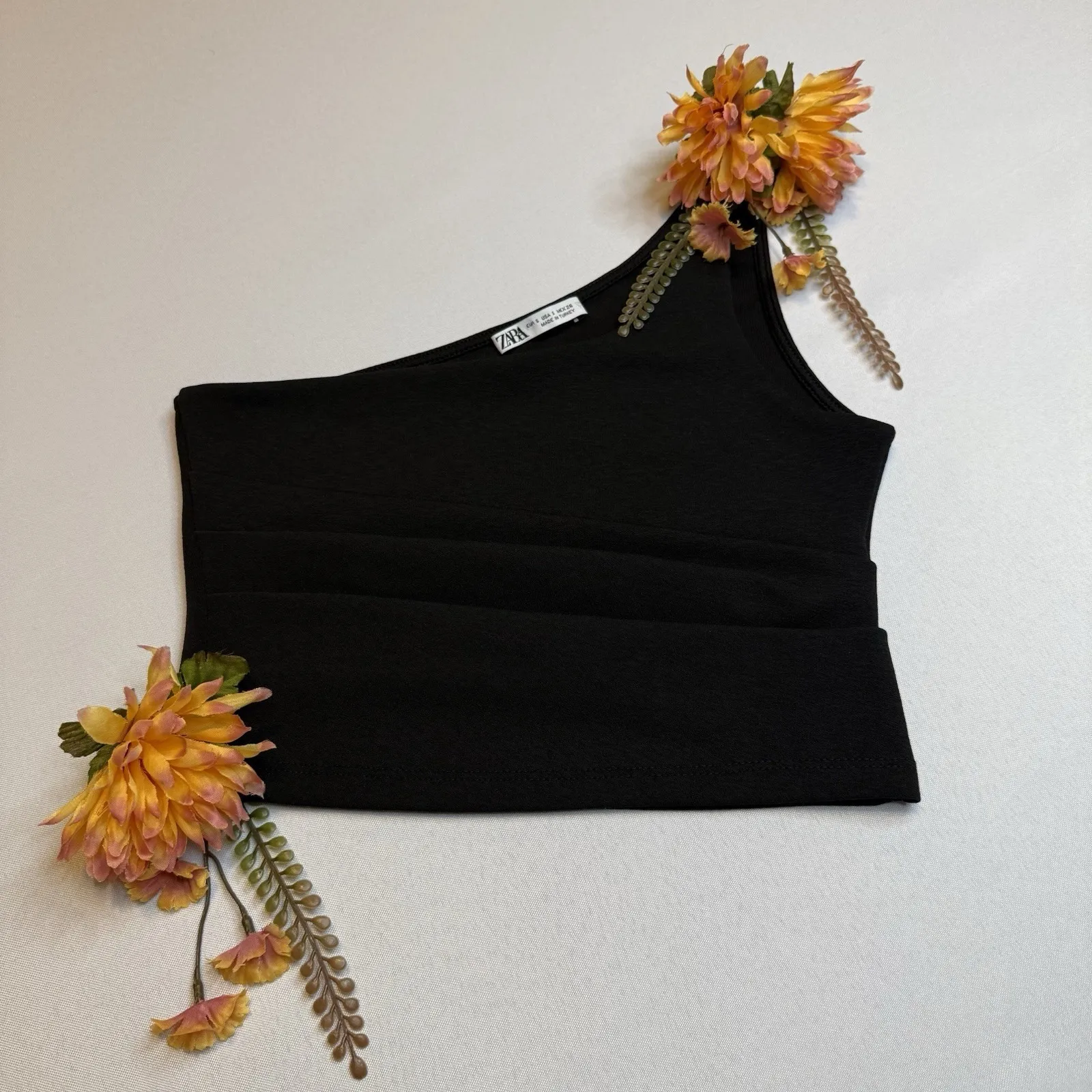 Zara Women's Black One Shoulder Ruched Asymmetrical Tank Cropped Trendy‎ Top # - Image 3