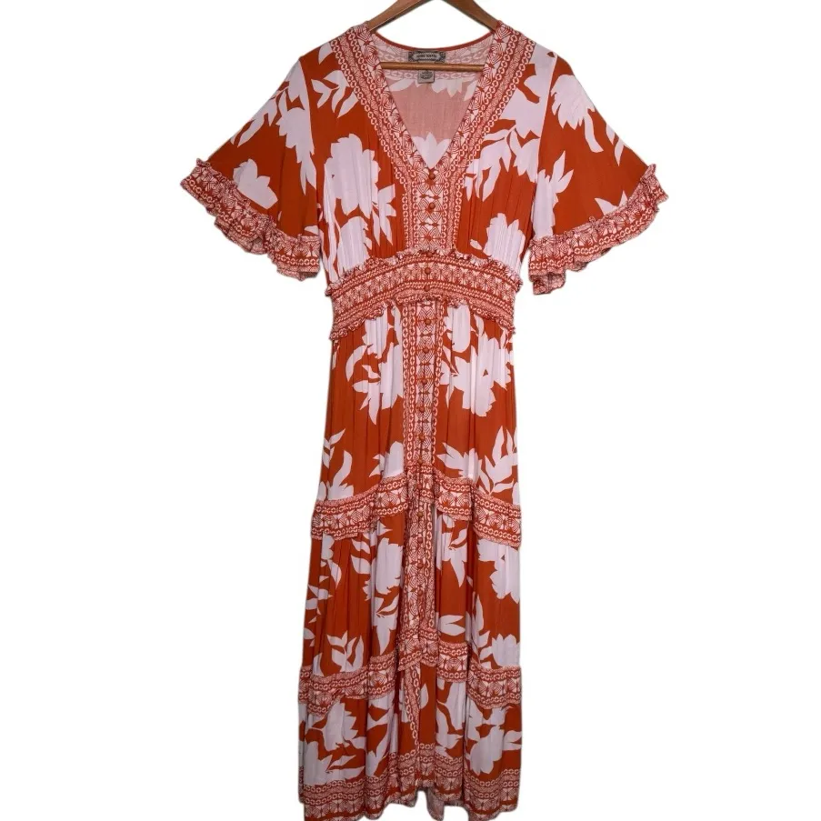 Flying Tomatoe Bohemian Maxi Dress in Orange White Floral Ruffle Dress Size L - Image 2