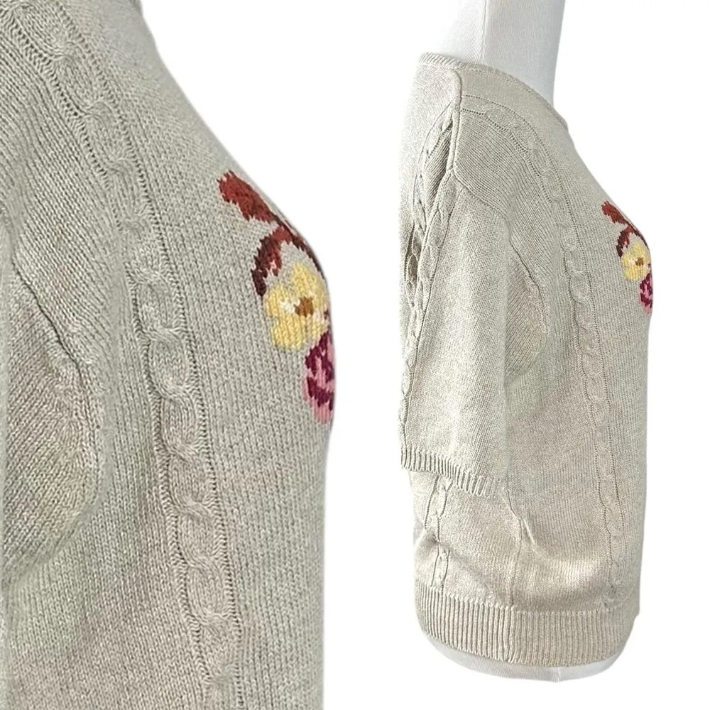 Vintage 90s Dainty Linen Floral Sweater Neutral Tan Size Medium Half Sleeves - Image 6