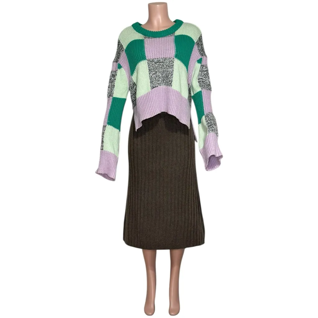 FOR LOVE & LEMONS Finley Oversized Sleeves Cropped Knit Sweater,Green Check, XXS - Image 9