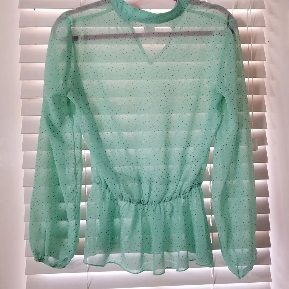 Birdcage S green Polka Dot Chiffon Cinched Waist Teal Chiffon Blouse - Image 2