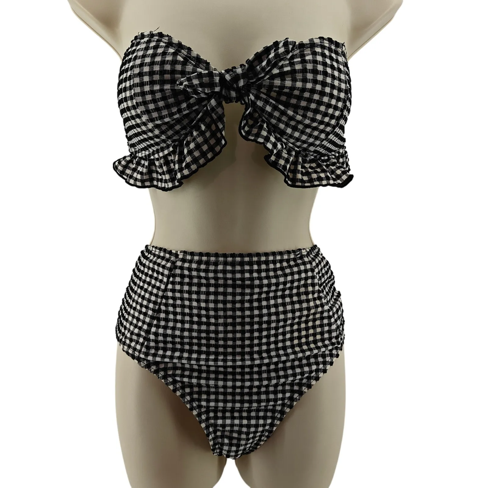 Forever 21 Black White Check Retro High Waist Bikini Set Ruffle Womens Xlarge - Image 2