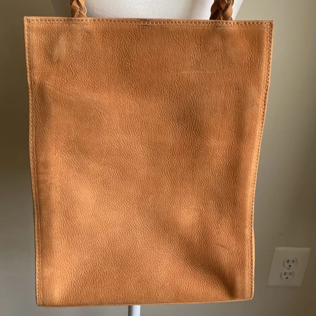 Beth Levine Suede Camel Tall Tote Purse Round Braided Rope Handles Shoulder Bag Tan - Image 3