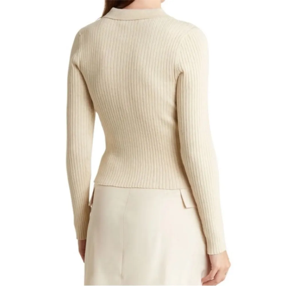 Rib Knit Polo Sweater Medium Heather Vanilla Ivory Cream NEW - Image 2