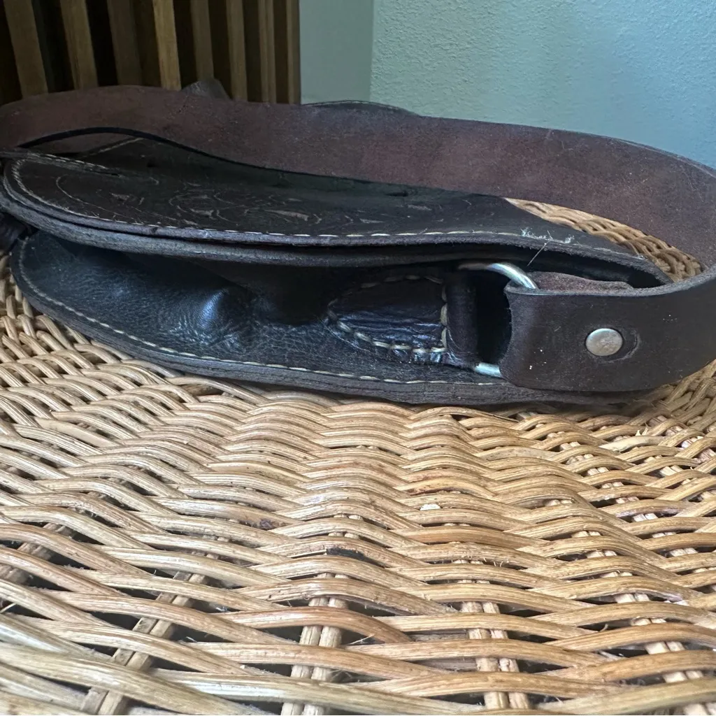 Vintage Handmade Embossed Chocolate Brown Leather Half Moon Saddle Crossbody Bag - Image 7