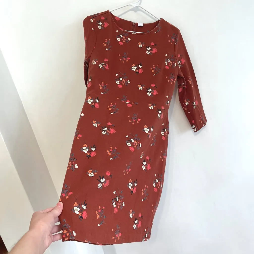 OLD NAVY Floral Ponte Knit Sheath Dress Rust Terracotta Red / Brown 3/4 Sleeve M - Image 11