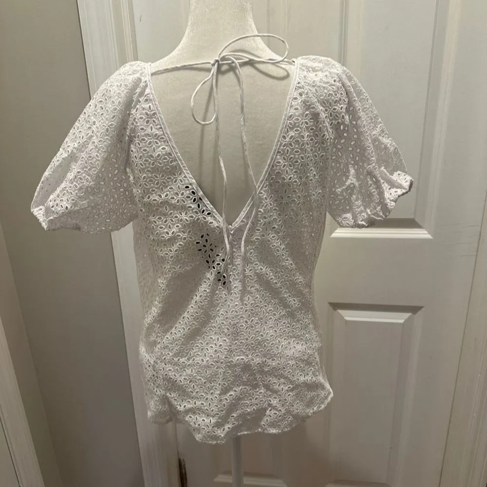 J.Crew White Lace Puff Sleeve Blouse Cotton Short Sleeve Women's Size 4 - Image 8