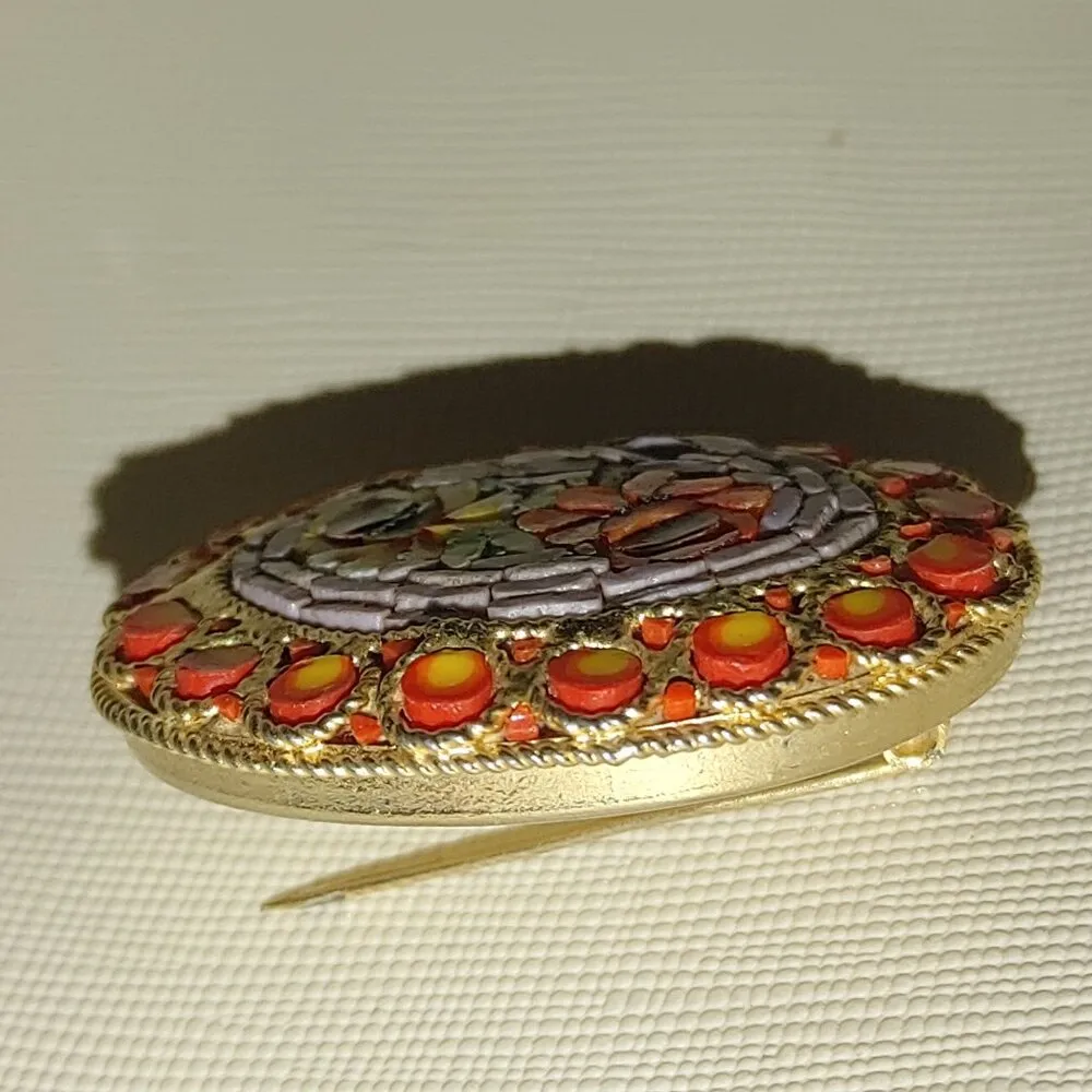 Vtg Italian Micro Mosaic Floral Oval Brooch Red Yellow Accents Gold Tone Pin - Image 8