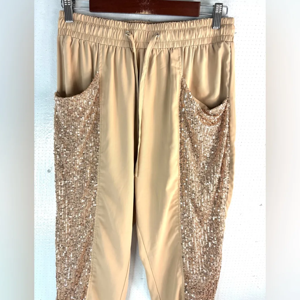 Calista M Sequin Embellished Golden Tan Joggers Size M - Image 3