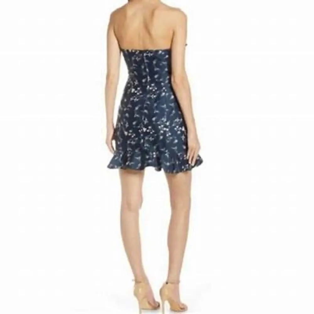 Keepsake The Label Navy Blue Floral Ruffle Strapless Mini Dress Size 6 - Image 3