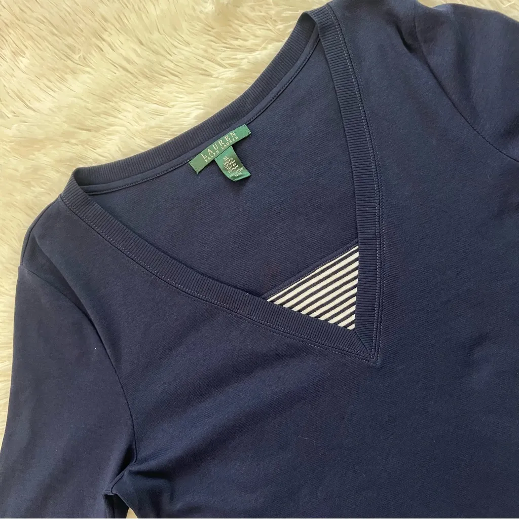 Lauren Ralph Lauren Blue Cotton V-Neck 3/4 Sleeve Sweater Top Size XL - Image 2