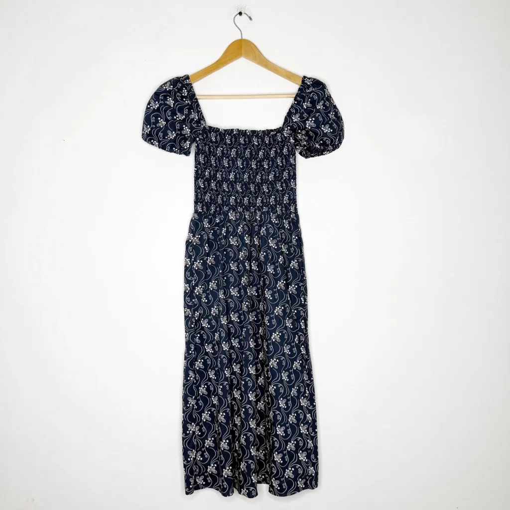 J.Crew Smocked Puff-Sleeve Midi Dress Navy Floral XXS - Image 4
