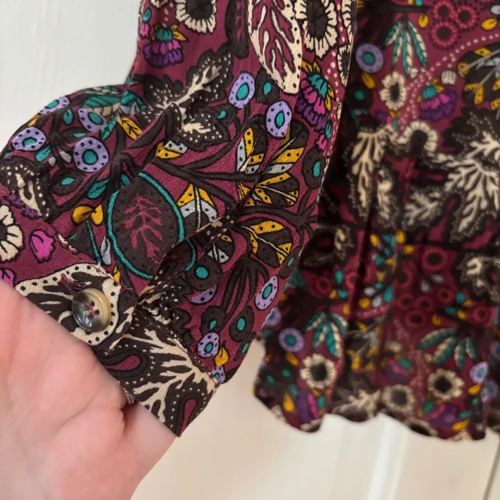 Anthropologie Maeve Janie Flounced Peasant Blouse Size‎ 2 XS Floral Maroon Print - Image 13