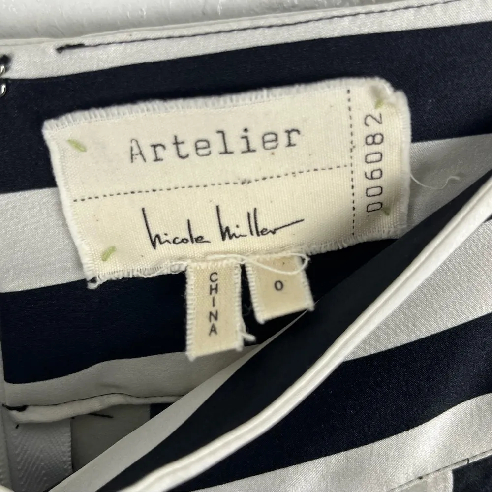 ARTELIER NICOLE MILLER Silk Blend Striped Ruffle Trim High Front Splits Pants 0 - Image 3