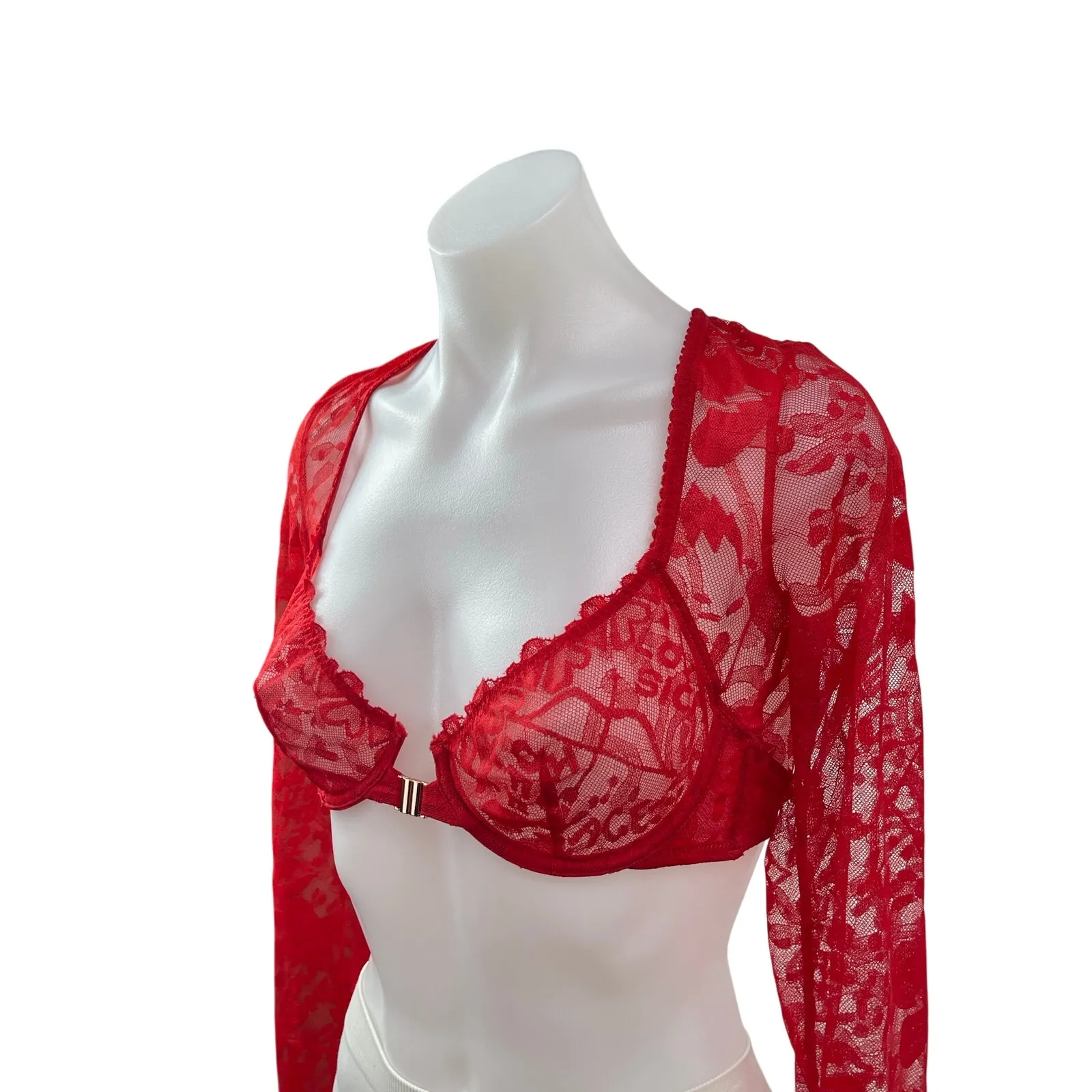Savage x Fenty Lovestruck Red Heart Lace Long Sleeve Sweetheart Neck Bra Top S/M - Image 2