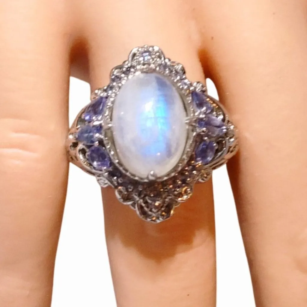 Oval Rainbow Moonstone Ring Size 7 Tanzanite Filigree Sterling Silver Stamp 925 - Image 2