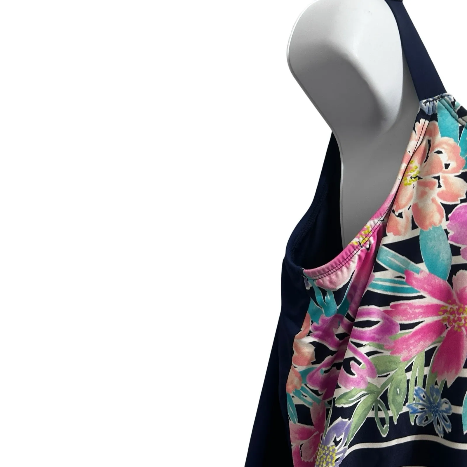 Beach House Womens Plus 22W Tankini Swim Top Navy Floral Striped Adjustable‎ Tie Blue - Image 6