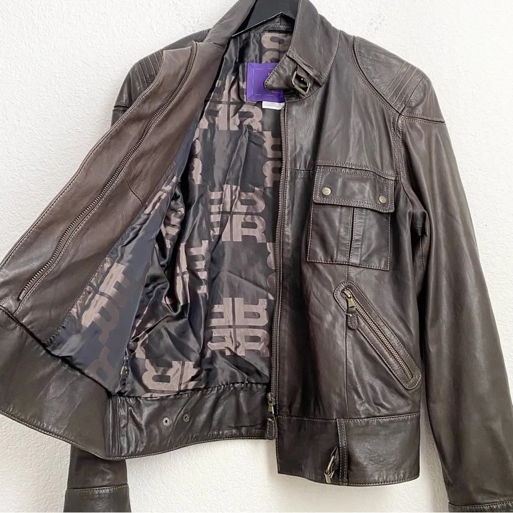 RIANI Brown 100% Lamb Leather Moto Biker’s Jacket Size 12 - Image 9