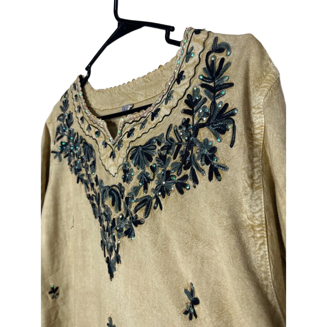 Beige Embroidered Long Sleeve‎ Pullover V Neck Bohemian Top Free Size Womens Tan - Image 4