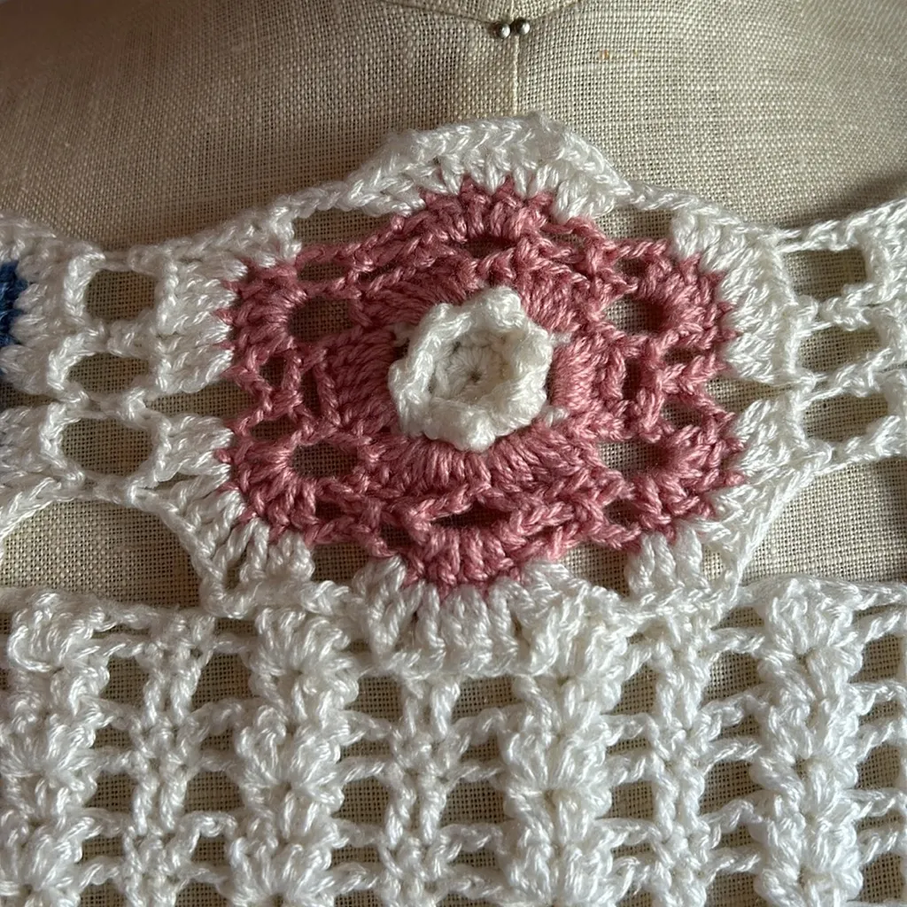 Vintage crochet open weave sweater with pink and blue granny square accents - Image 7