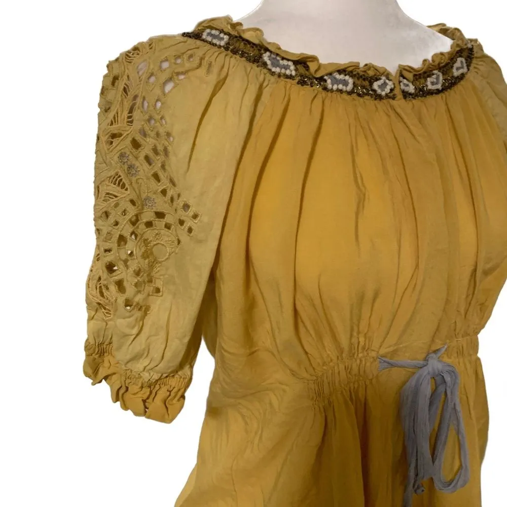 Anthropologie | Boho Yellow Embellished Neckline Viscose Cotton Blouse Size XS - Image 2