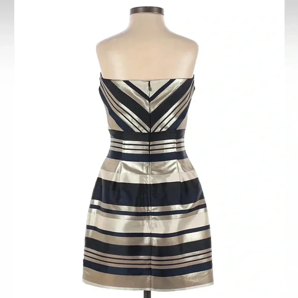 Ann Taylor Metallic Gold & Navy Stripe Sweetheart Strapless Formal Dress Size 00 - Image 3