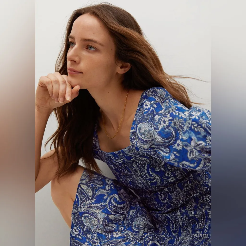 MNG MANGO Printed Ruched‎ Dress blue Womens SIZE LARGE NEW floral paisley garden - Image 4