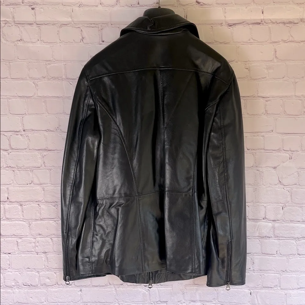 Italian Black Leather Zip Up Jacket Made by CURGÈ Woman size Large or EU 46‎ NWT - Image 2