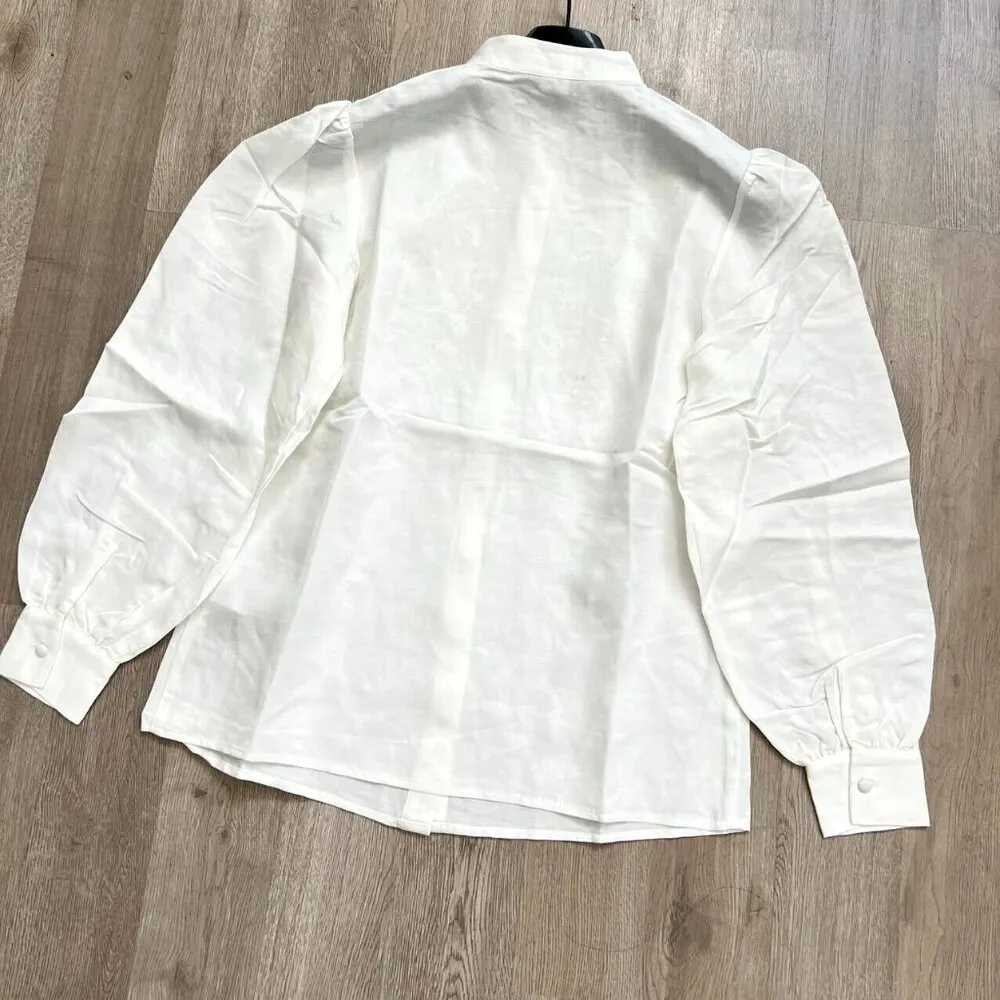 NWOT Marciano Guess Embroidered Linen Blend Shirt Puff Sleeve Cream XXS like S-M - Image 7