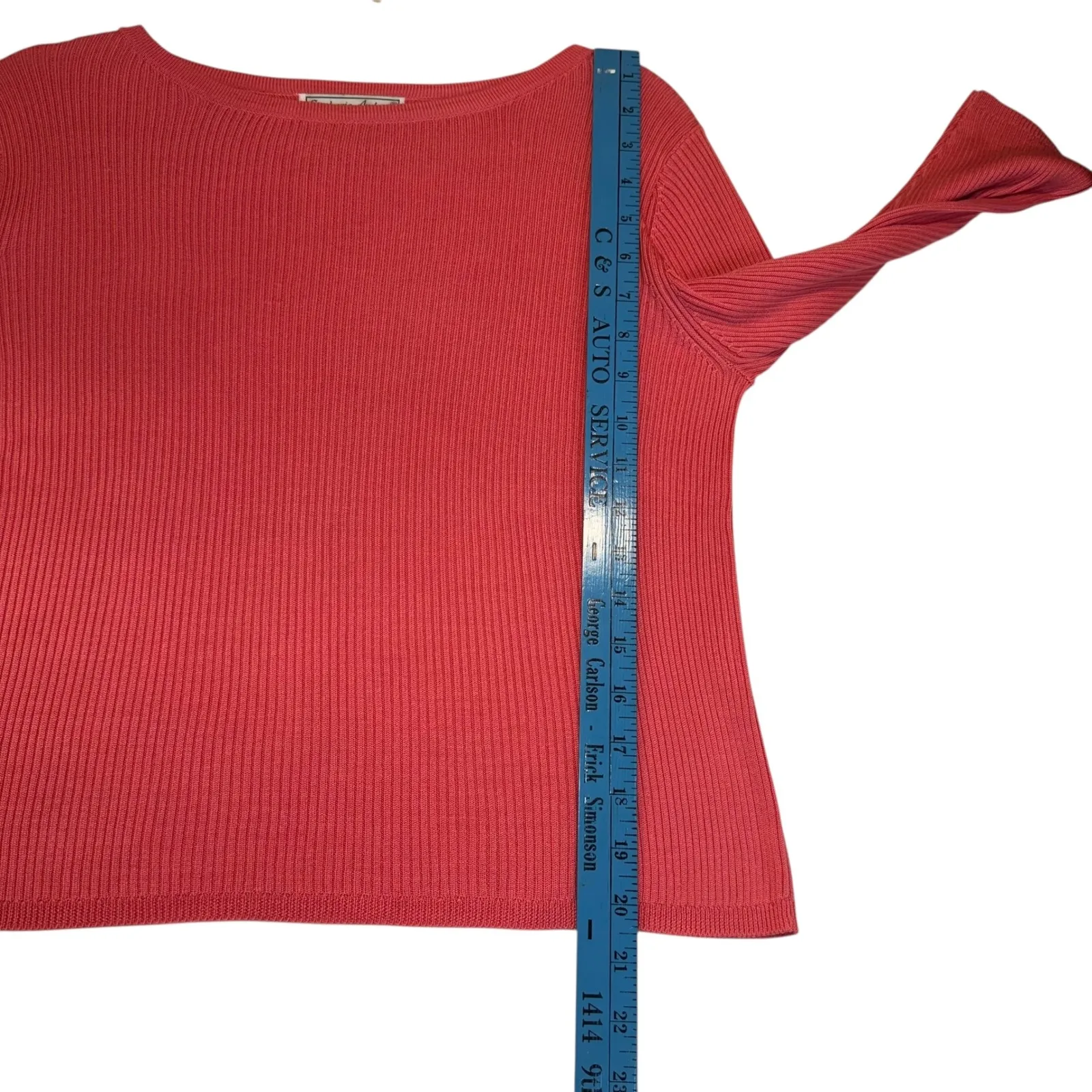 Stephanie Andrews Coral Ribbed 100% Silk Boat Neck Sweater Classic Staple Sz 4P Red - Image 6