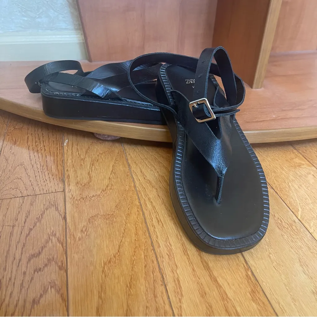 Zara Black Leather Ankle Strap Thong Sandals - Minimalist - Size 38 (US 7.5) - Image 7