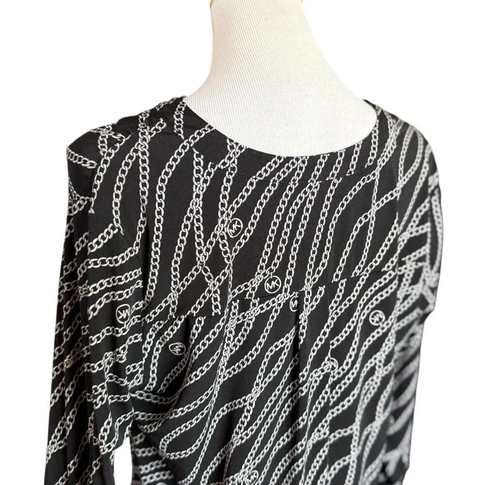 Womens Michael Kors Zip Detail V Neck Chainlink Print Roll Tab Top Blouse - Sz L - Image 3